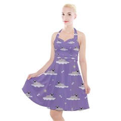 Cheerful Pugs Lie In The Clouds Halter Party Swing Dress  by SychEva