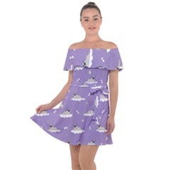 Cheerful Pugs Lie In The Clouds Off Shoulder Velour Dress by SychEva