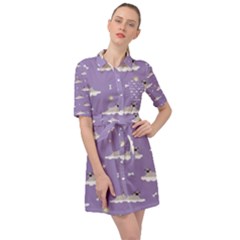 Cheerful Pugs Lie In The Clouds Belted Shirt Dress