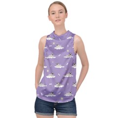 Cheerful Pugs Lie In The Clouds High Neck Satin Top by SychEva