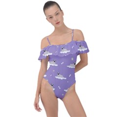 Cheerful Pugs Lie In The Clouds Frill Detail One Piece Swimsuit