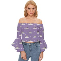 Cheerful Pugs Lie In The Clouds Off Shoulder Flutter Bell Sleeve Top by SychEva
