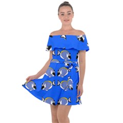 Powder Blue Tang Print Off Shoulder Velour Dress by Kritter