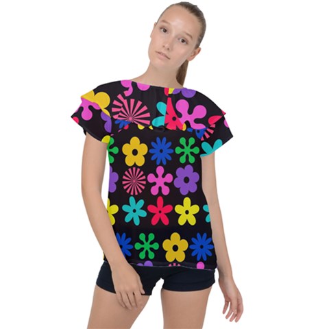 Colorful Flowers On A Black Background Pattern                                                         Ruffle Collar Chiffon Blouse by LalyLauraFLM