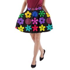 Colorful Flowers On A Black Background Pattern                                                            A-line Pocket Skirt by LalyLauraFLM