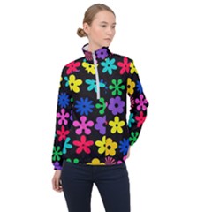 Colorful Flowers On A Black Background Pattern                                                            Women Half Zip Windbreaker