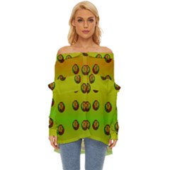 Sun Flowers For Iconic Pleasure In Pumpkin Time Off Shoulder Chiffon Pocket Shirt by pepitasart