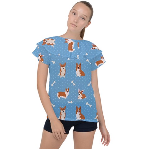 Cute Corgi Dogs Ruffle Collar Chiffon Blouse by SychEva