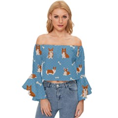 Cute Corgi Dogs Off Shoulder Flutter Bell Sleeve Top by SychEva