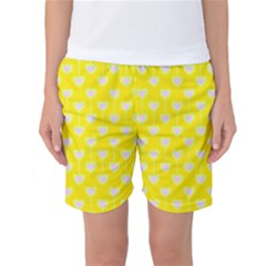 Purple Hearts On Yellow Background Women s Basketball Shorts by SychEva