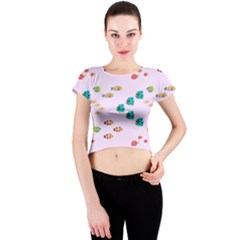 Marine Fish Multicolored On A Pink Background Crew Neck Crop Top by SychEva