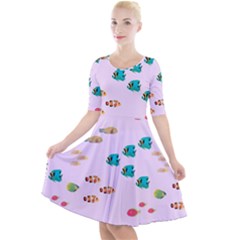 Marine Fish Multicolored On A Pink Background Quarter Sleeve A-line Dress by SychEva