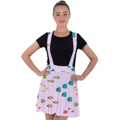 Marine Fish Multicolored On A Pink Background Velvet Suspender Skater Skirt by SychEva