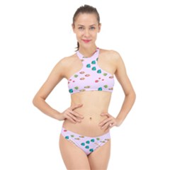 Marine Fish Multicolored On A Pink Background High Neck Bikini Set by SychEva