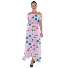 Marine Fish Multicolored On A Pink Background Off Shoulder Open Front Chiffon Dress by SychEva