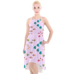 Marine Fish Multicolored On A Pink Background High-low Halter Chiffon Dress 