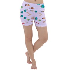 Marine Fish Multicolored On A Pink Background Lightweight Velour Yoga Shorts by SychEva