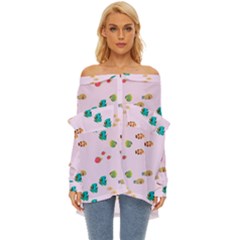 Marine Fish Multicolored On A Pink Background Off Shoulder Chiffon Pocket Shirt by SychEva