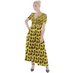 Cute Deer Pattern Yellow Button Up Short Sleeve Maxi Dress