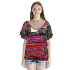 Floral Band Goth Girl Grey Bg V-Neck Flutter Sleeve Top