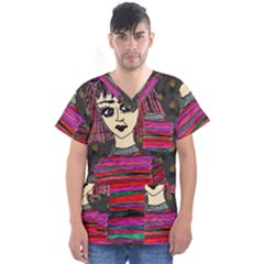 Floral Band Goth Girl Grey Bg Men s V-Neck Scrub Top