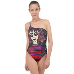 Floral Band Goth Girl Grey Bg Classic One Shoulder Swimsuit