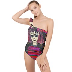 Floral Band Goth Girl Grey Bg Frilly One Shoulder Swimsuit