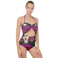Floral Band Goth Girl Grey Bg Scallop Top Cut Out Swimsuit