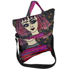 Floral Band Goth Girl Grey Bg Fold Over Handle Tote Bag