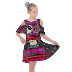 Floral Band Goth Girl Grey Bg Kids  Shoulder Cutout Chiffon Dress