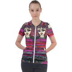 Floral Band Goth Girl Grey Bg Short Sleeve Zip Up Jacket