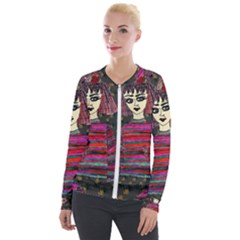 Floral Band Goth Girl Grey Bg Velvet Zip Up Jacket