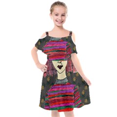 Floral Band Goth Girl Grey Bg Kids  Cut Out Shoulders Chiffon Dress