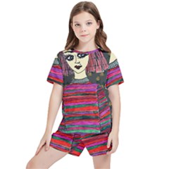 Floral Band Goth Girl Grey Bg Kids  Tee and Sports Shorts Set