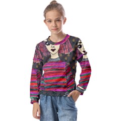 Floral Band Goth Girl Grey Bg Kids  Long Sleeve Tee with Frill 