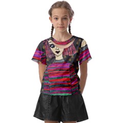 Floral Band Goth Girl Grey Bg Kids  Front Cut Tee