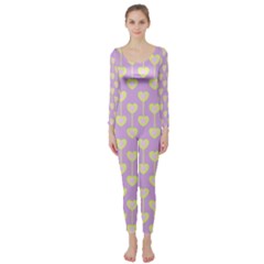 Yellow Hearts On A Light Purple Background Long Sleeve Catsuit by SychEva