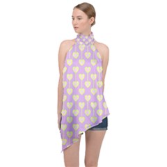 Yellow Hearts On A Light Purple Background Halter Asymmetric Satin Top by SychEva