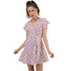 Yellow Hearts On A Light Purple Background Flutter Sleeve Wrap Dress by SychEva