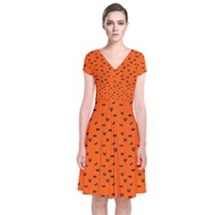 Halloween, Black bats pattern on orange Short Sleeve Front Wrap Dress