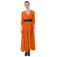 Halloween, Black bats pattern on orange Button Up Maxi Dress