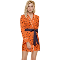 Halloween, Black Bats Pattern On Orange Long Sleeve Satin Robe by Casemiro