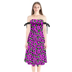 Pink And Green Leopard Spots Pattern Shoulder Tie Bardot Midi Dress by Casemiro