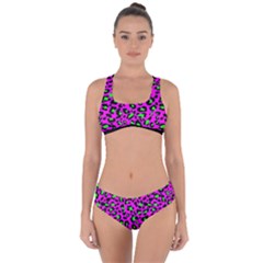 Pink And Green Leopard Spots Pattern Criss Cross Bikini Set by Casemiro