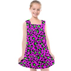 Pink And Green Leopard Spots Pattern Kids  Cross Back Dress by Casemiro