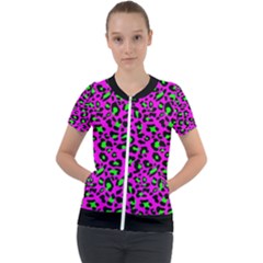 Pink And Green Leopard Spots Pattern Short Sleeve Zip Up Jacket by Casemiro