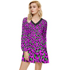 Pink And Green Leopard Spots Pattern Tiered Long Sleeve Mini Dress by Casemiro