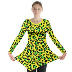 Yellow and green, neon leopard spots pattern Long Sleeve Tunic 