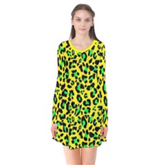 Yellow and green, neon leopard spots pattern Long Sleeve V-neck Flare Dress