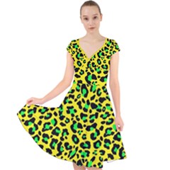 Yellow And Green, Neon Leopard Spots Pattern Cap Sleeve Front Wrap Midi Dress by Casemiro